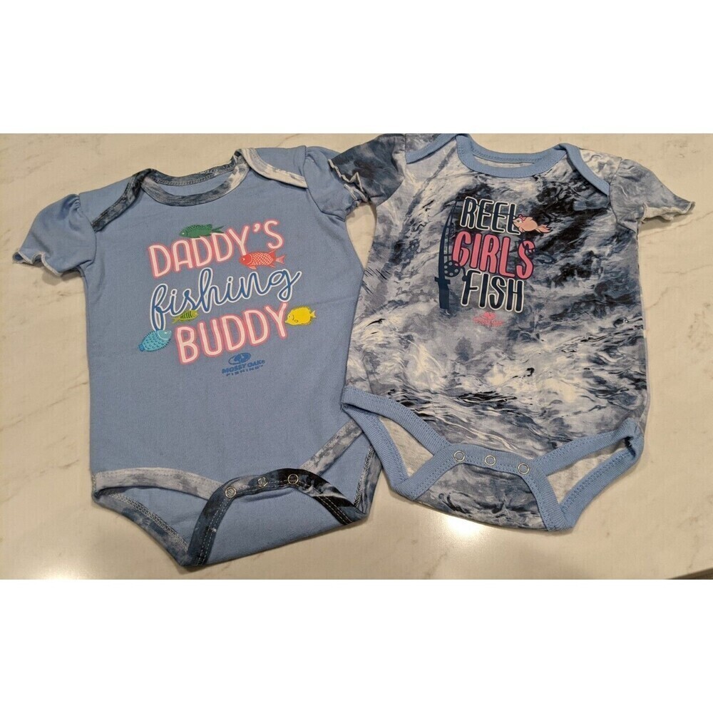 Baby MOSSY OAK Lot of 2 Girl's "Fishing" Theme One-Piece 6-9 Months